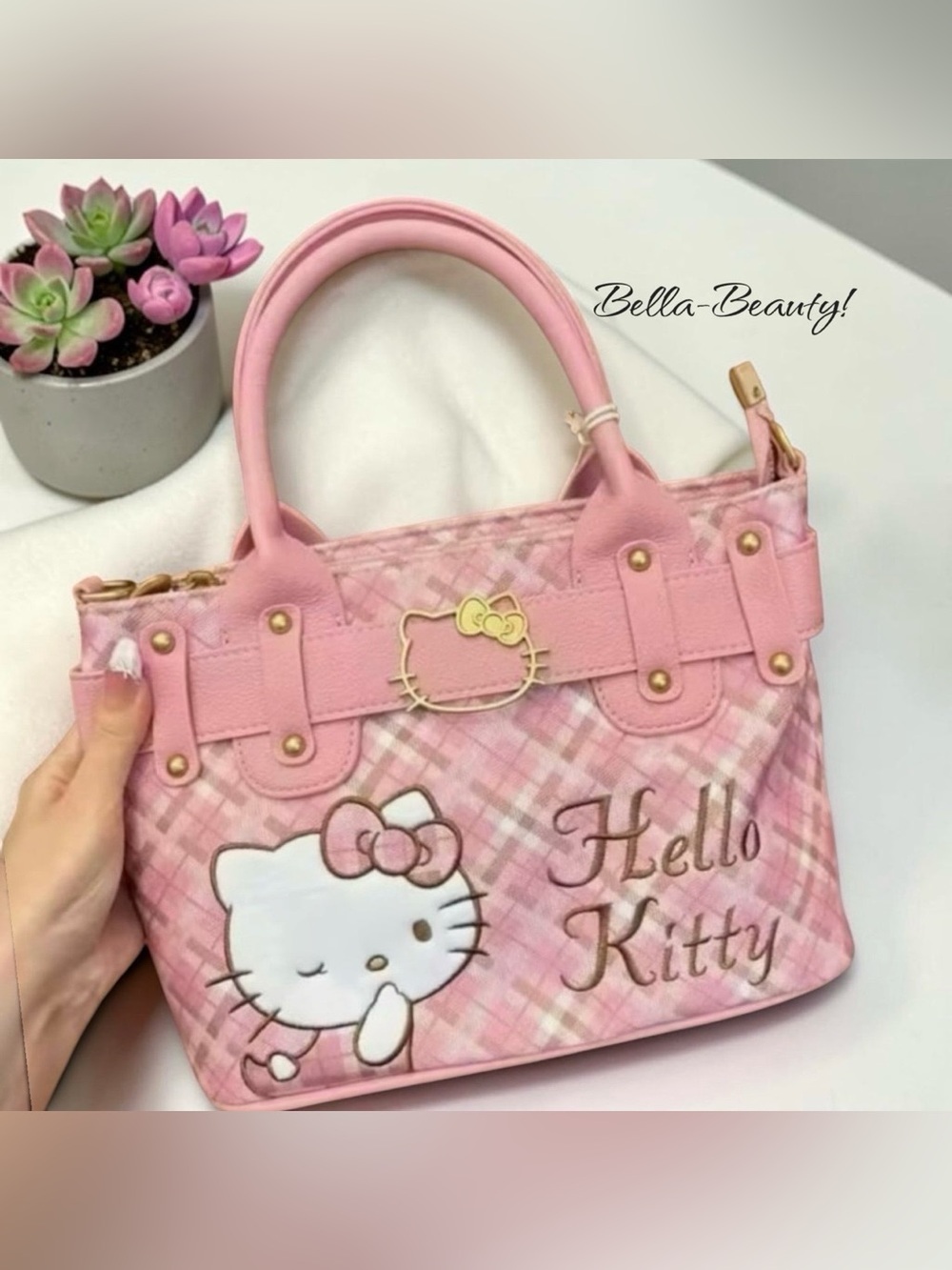 Hello Kitty Plaid Crossbody Handbag, featuring
a pink plaid fabric. ~NEW~